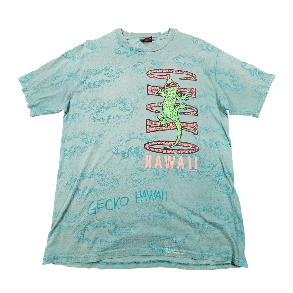 Gecko Hawaii Vintage All Over Print T-Shirt Teal Green Size L Single Stitch 1992